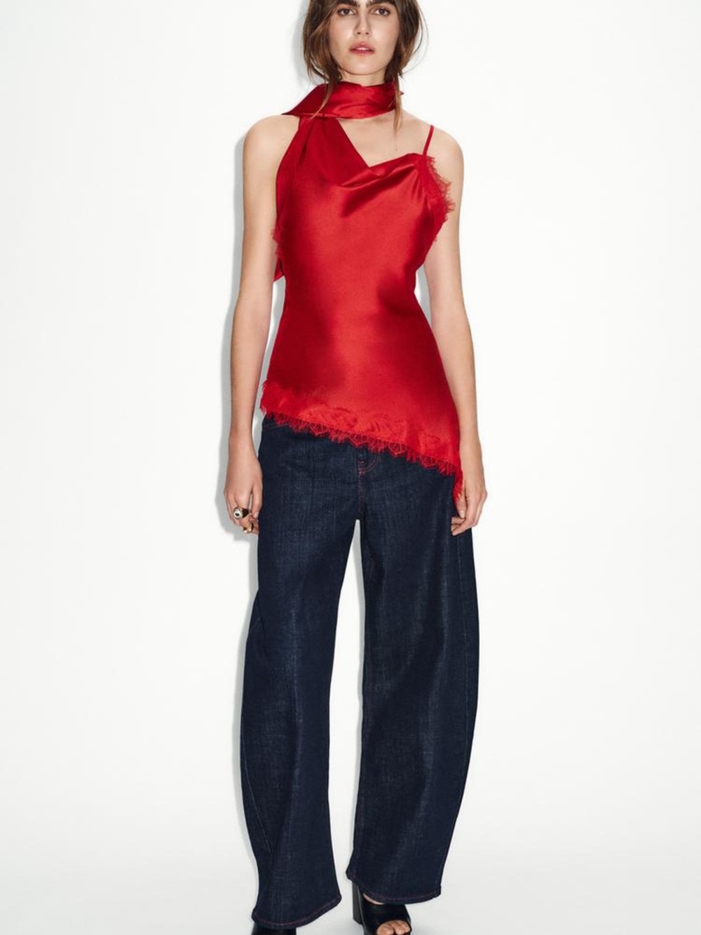 Zara Red Satin Lace-Trim Camisole Top